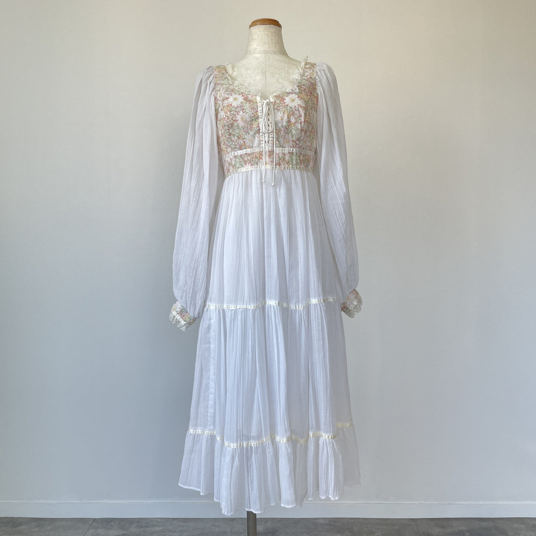 70'S Gunne Sax Jessica floral lace-up long sleeve flared dress for women, size M, vintage /eva000651