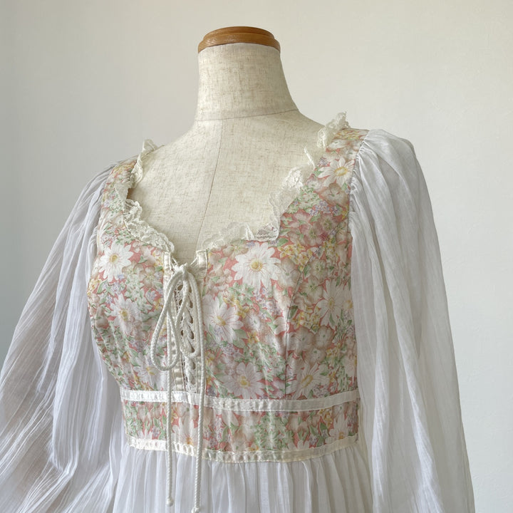 70'S Gunne Sax Jessica floral lace-up long sleeve flared dress for women, size M, vintage /eva000651