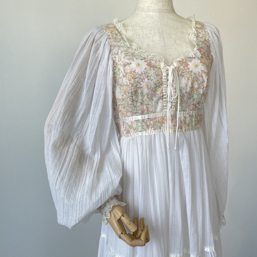 70'S Gunne Sax Jessica floral lace-up long sleeve flared dress for women, size M, vintage /eva000651