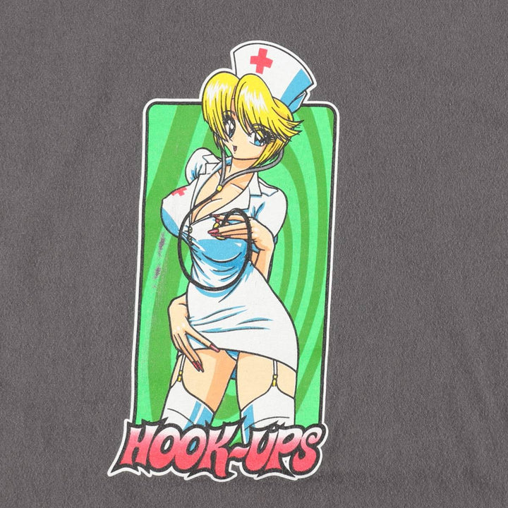 90'S HOOK-UPS Surf Skate T-Shirt, Made in USA, Men's XL equivalent, Vintage cotton Charcoal Vintage Second Hand