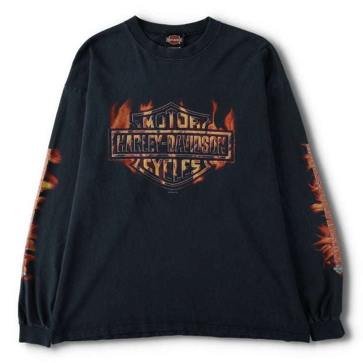 2000'S Harley-Davidson Eagle Pattern Motorcycle Fire Pattern Long-Sleeve T-Shirt (Men's XL equivalent) cotton black type Vintage Second Hand