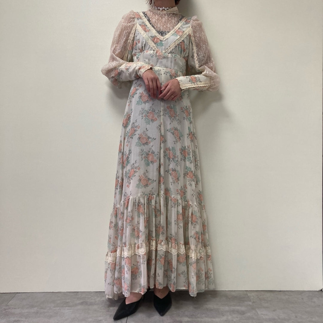 70'S Gunne Sax Jessica Floral High Neck Maxi Length Long Sleeve Flared Dress Made in USA Women's M Vintage /eva000718