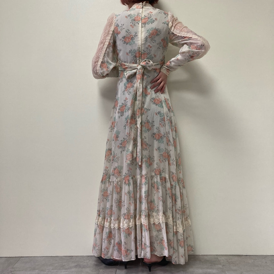 70'S Gunne Sax Jessica Floral High Neck Maxi Length Long Sleeve Flared Dress Made in USA Women's M Vintage /eva000718