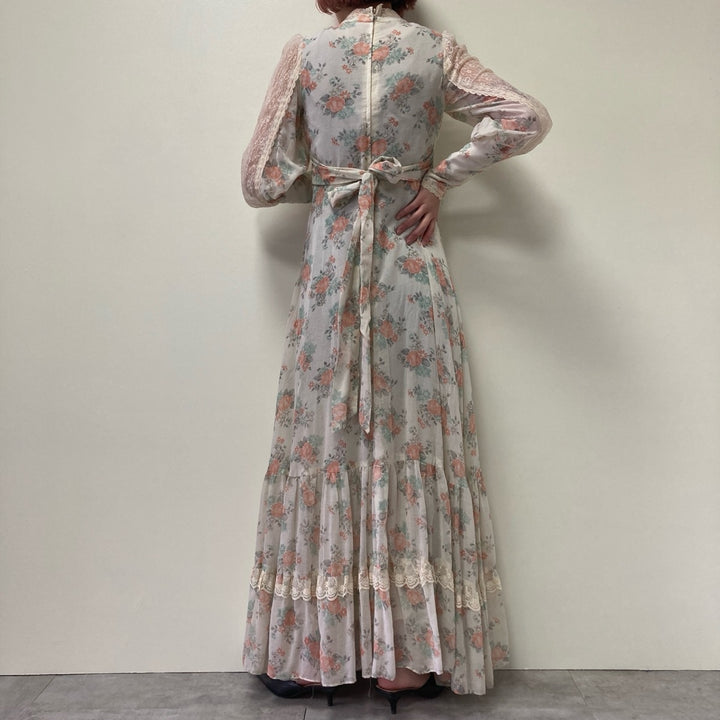 70'S Gunne Sax Jessica Floral High Neck Maxi Length Long Sleeve Flared Dress Made in USA Women's M Vintage /eva000718