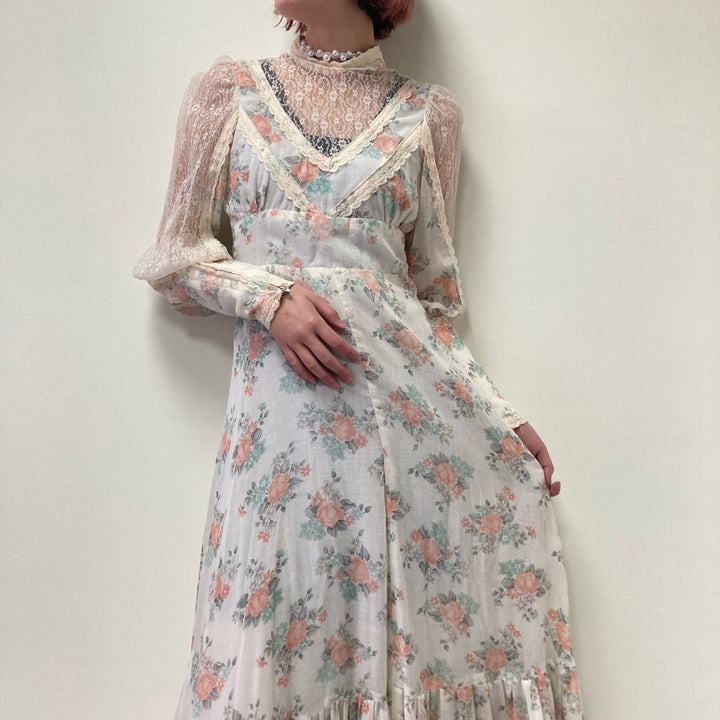 70'S Gunne Sax Jessica Floral High Neck Maxi Length Long Sleeve Flared Dress Made in USA Women's M Vintage /eva000718