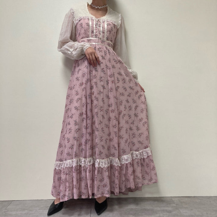 70'S GUNNE SAX Jessica floral print maxi length long sleeve flared dress women's L vintage /eva000721