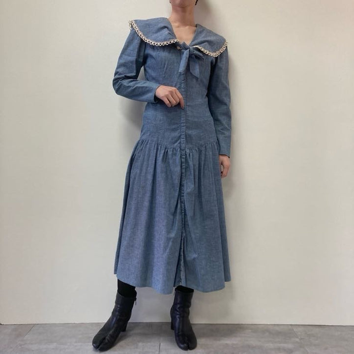 80'S GUNNE SAX Big Collar Chambray Long Sleeve Flared Dress Made in USA Women's M Vintage /eva000822