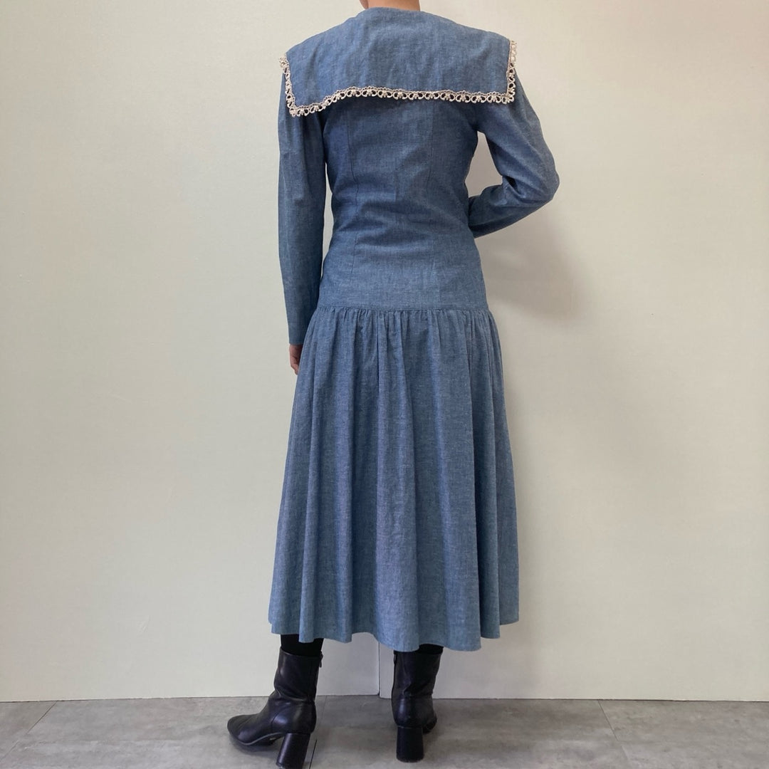 80'S GUNNE SAX Big Collar Chambray Long Sleeve Flared Dress Made in USA Women's M Vintage /eva000822