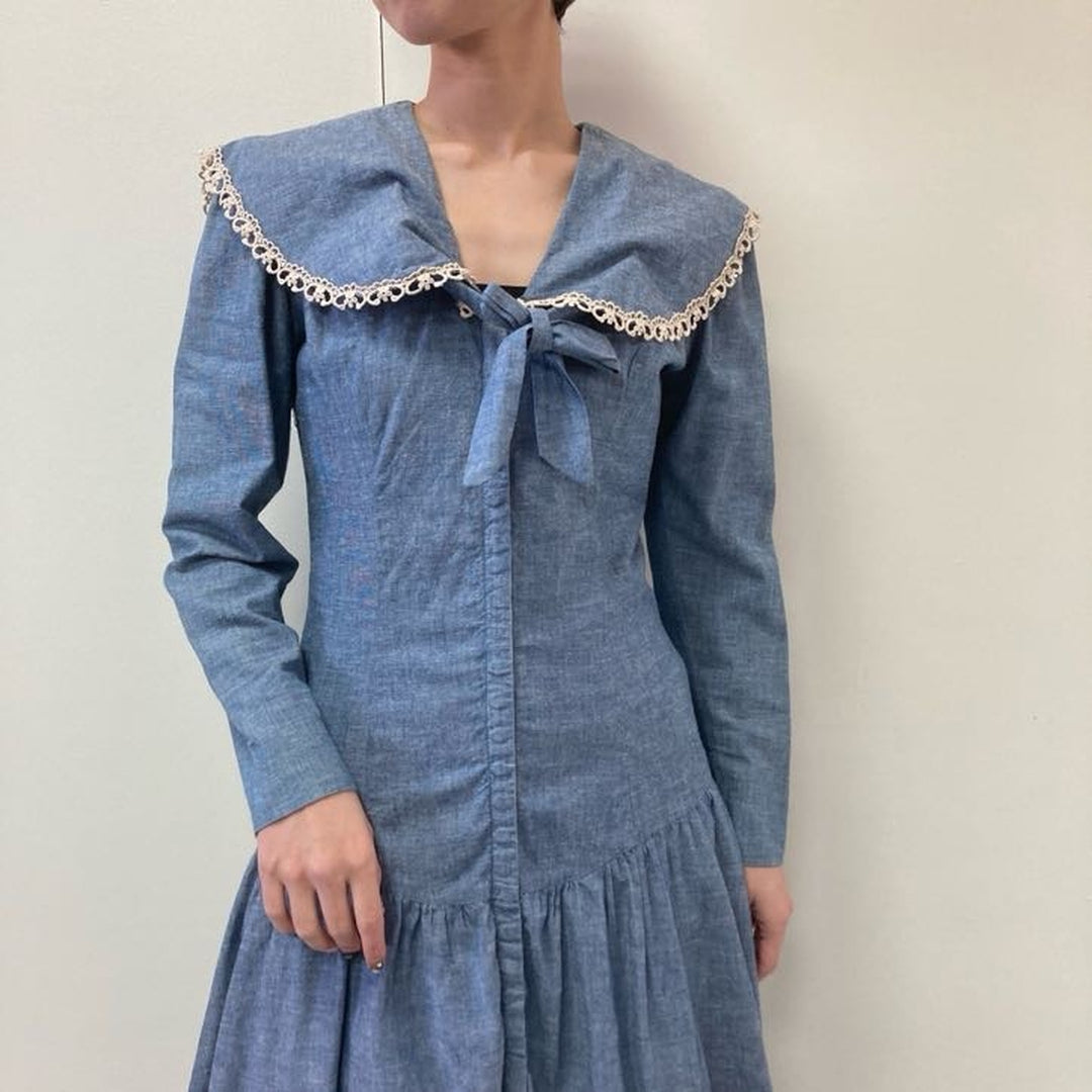 80'S GUNNE SAX Big Collar Chambray Long Sleeve Flared Dress Made in USA Women's M Vintage /eva000822