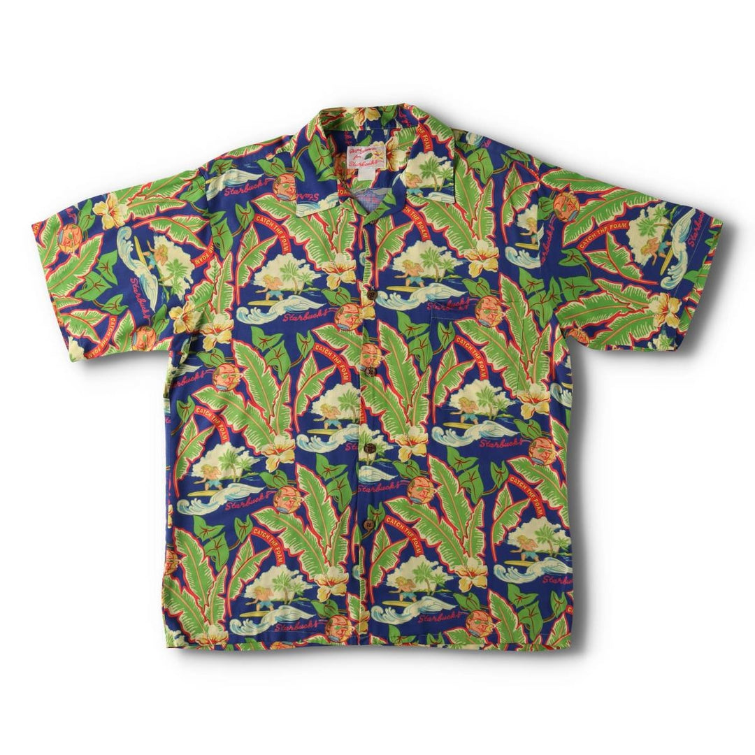 90'S Reyn Spooner Starbucks all-over print open-collar Hawaiian Aloha shirt, boxy fit, men's size M (approx.) unclear navy blue type Vintage Second Hand