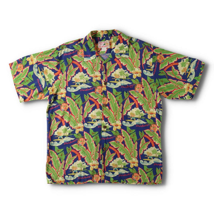90'S Reyn Spooner Starbucks all-over print open-collar Hawaiian Aloha shirt, boxy fit, men's size M (approx.) unclear navy blue type Vintage Second Hand
