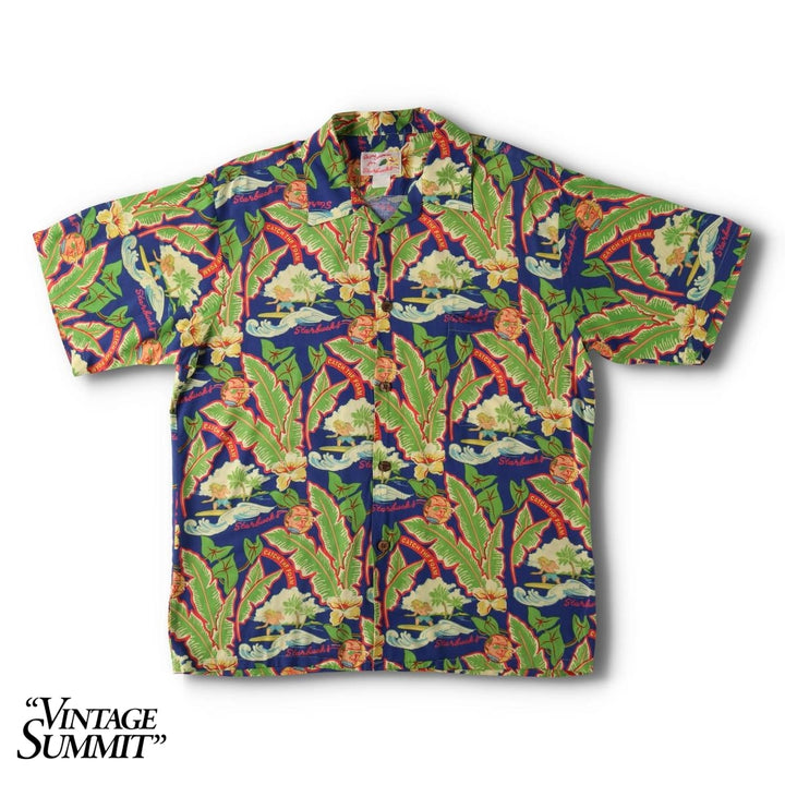 90'S Reyn Spooner Starbucks all-over print open-collar Hawaiian Aloha shirt, boxy fit, men's size M (approx.) unclear navy blue type Vintage Second Hand