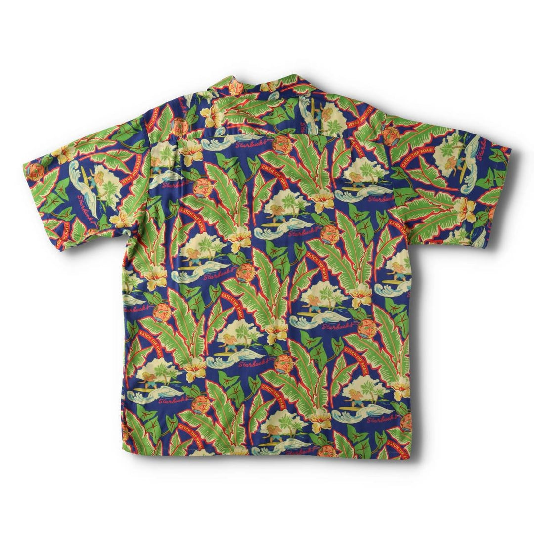 90'S Reyn Spooner Starbucks all-over print open-collar Hawaiian Aloha shirt, boxy fit, men's size M (approx.) unclear navy blue type Vintage Second Hand