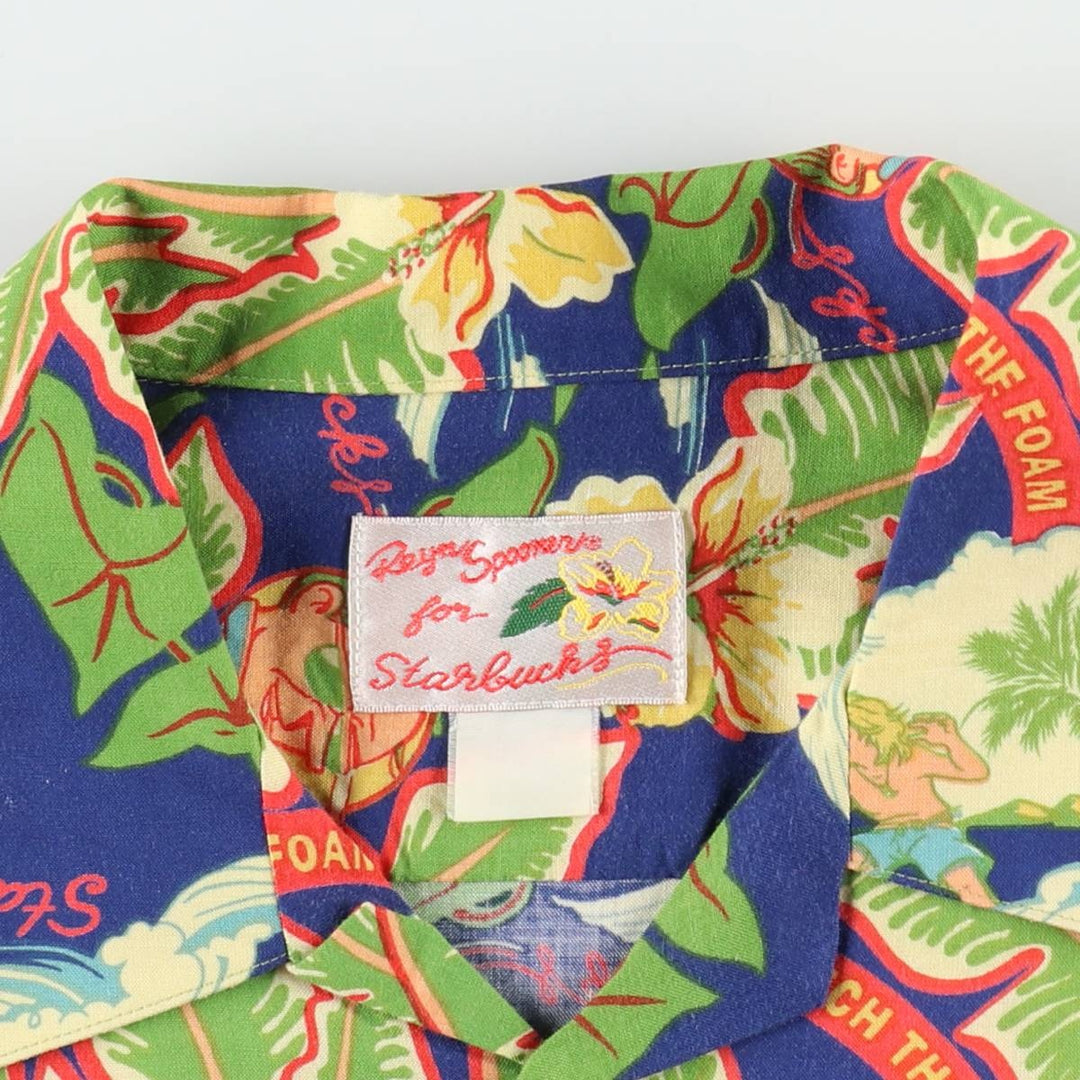 90'S Reyn Spooner Starbucks all-over print open-collar Hawaiian Aloha shirt, boxy fit, men's size M (approx.) unclear navy blue type Vintage Second Hand