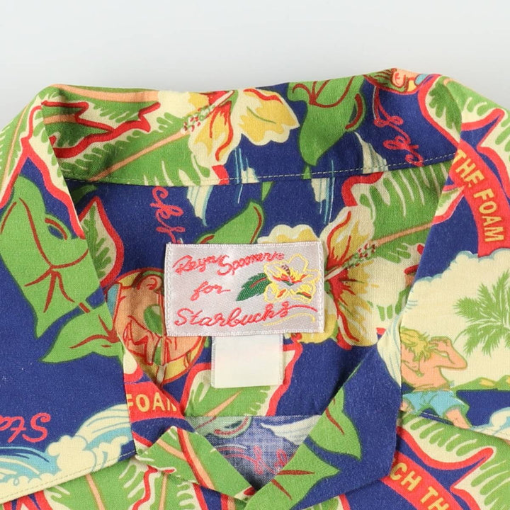 90'S Reyn Spooner Starbucks all-over print open-collar Hawaiian Aloha shirt, boxy fit, men's size M (approx.) unclear navy blue type Vintage Second Hand