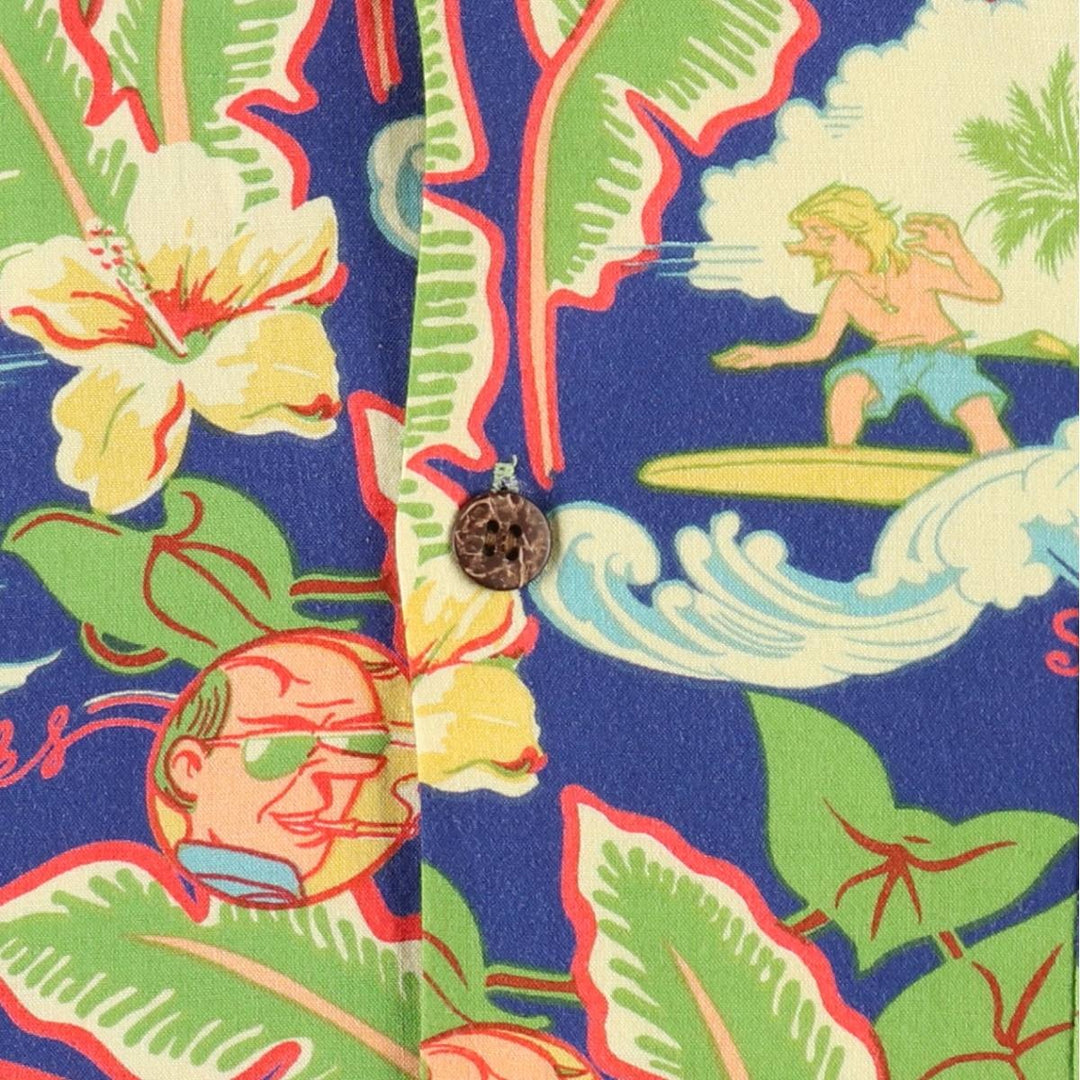 90'S Reyn Spooner Starbucks all-over print open-collar Hawaiian Aloha shirt, boxy fit, men's size M (approx.) unclear navy blue type Vintage Second Hand