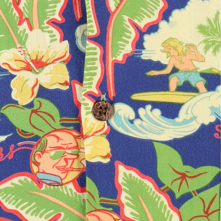 90'S Reyn Spooner Starbucks all-over print open-collar Hawaiian Aloha shirt, boxy fit, men's size M (approx.) unclear navy blue type Vintage Second Hand