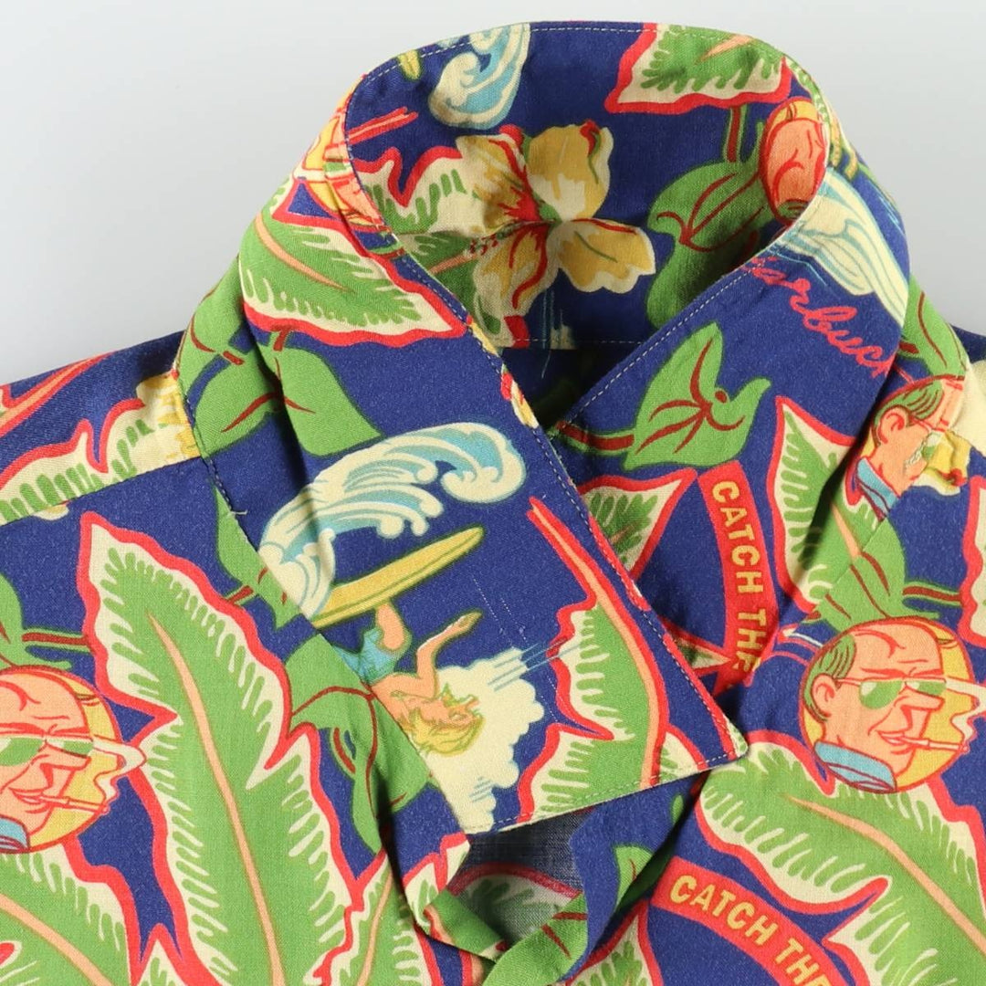 90'S Reyn Spooner Starbucks all-over print open-collar Hawaiian Aloha shirt, boxy fit, men's size M (approx.) unclear navy blue type Vintage Second Hand