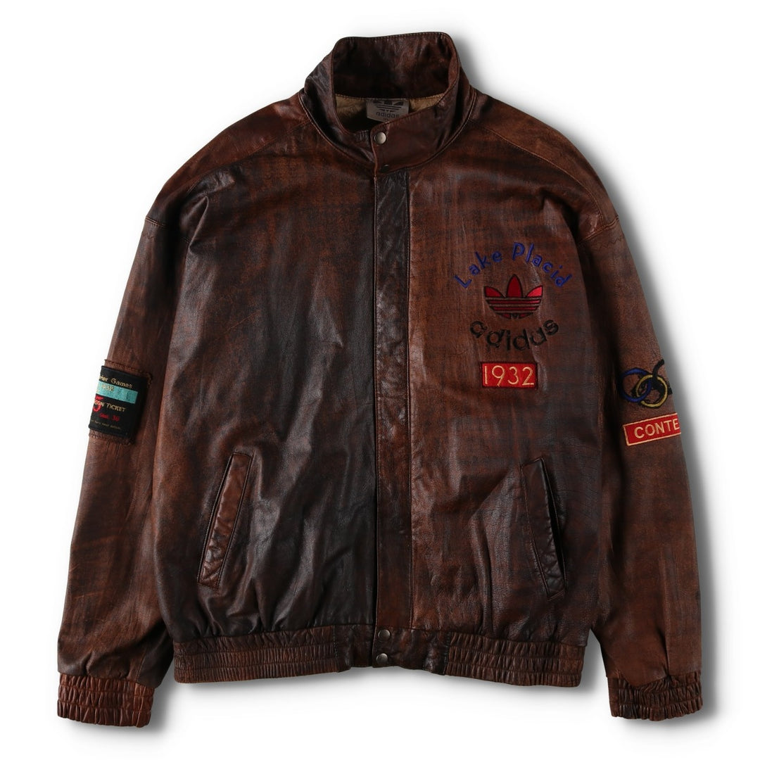 Vintage 80s-90'S Adidas Lake Placid Olympic 1932 Leather Blouson, Men's Size XL (approx.) genuine leather brown type Vintage Second Hand