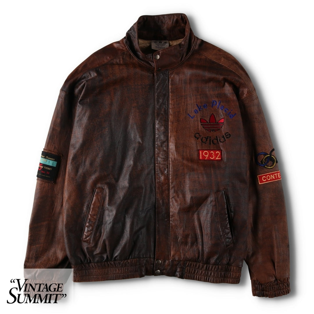 Vintage 80s-90'S Adidas Lake Placid Olympic 1932 Leather Blouson, Men's Size XL (approx.) genuine leather brown type Vintage Second Hand