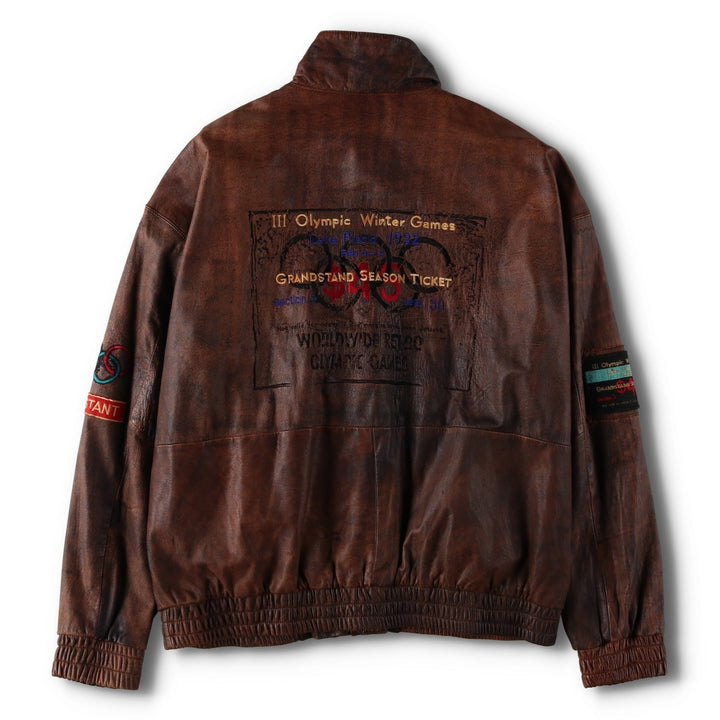 Vintage 80s-90'S Adidas Lake Placid Olympic 1932 Leather Blouson, Men's Size XL (approx.) genuine leather brown type Vintage Second Hand