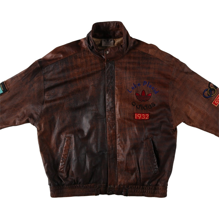 Vintage 80s-90'S Adidas Lake Placid Olympic 1932 Leather Blouson, Men's Size XL (approx.) genuine leather brown type Vintage Second Hand
