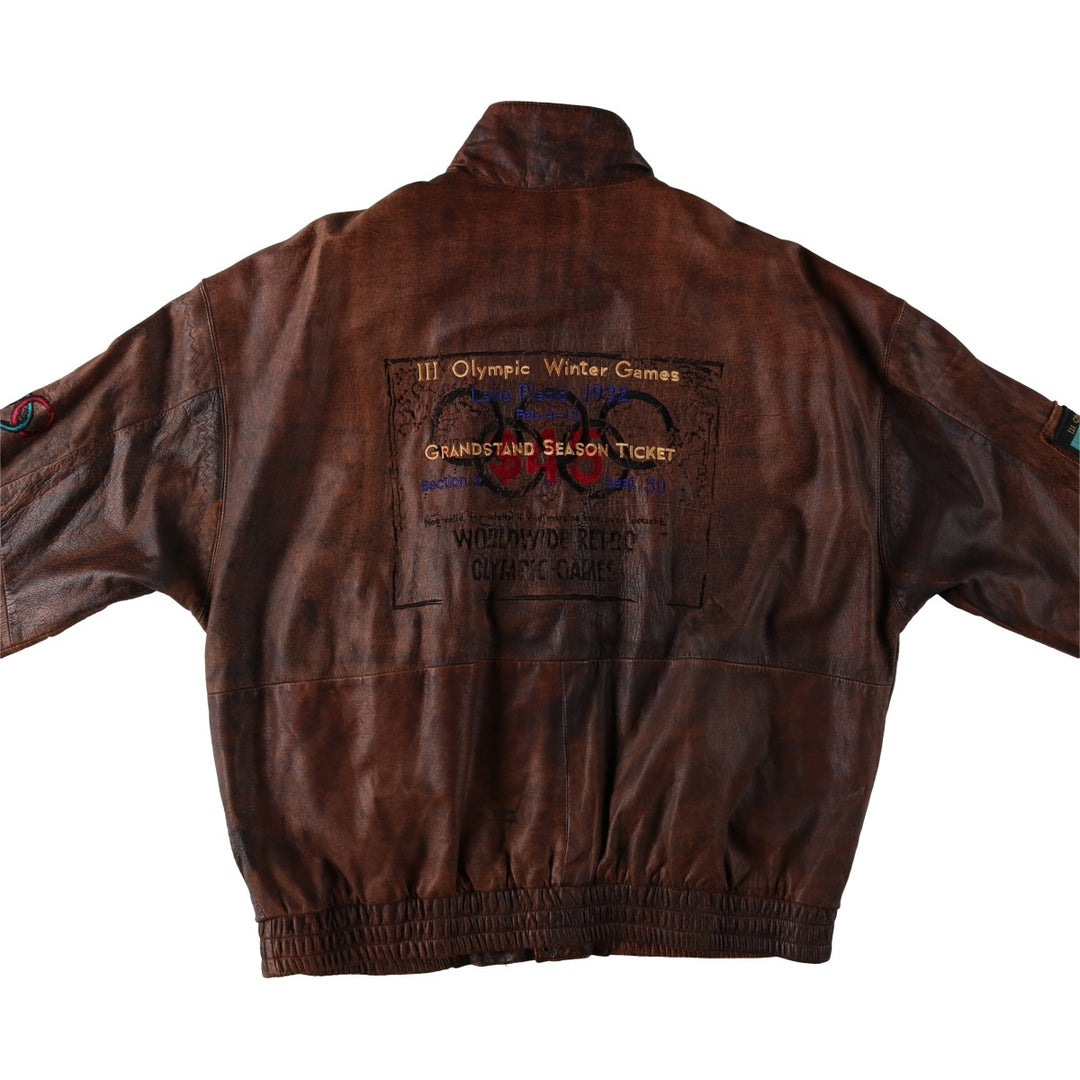 Vintage 80s-90'S Adidas Lake Placid Olympic 1932 Leather Blouson, Men's Size XL (approx.) genuine leather brown type Vintage Second Hand