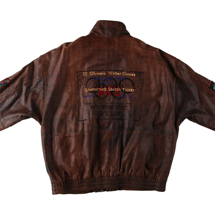Vintage 80s-90'S Adidas Lake Placid Olympic 1932 Leather Blouson, Men's Size XL (approx.) genuine leather brown type Vintage Second Hand