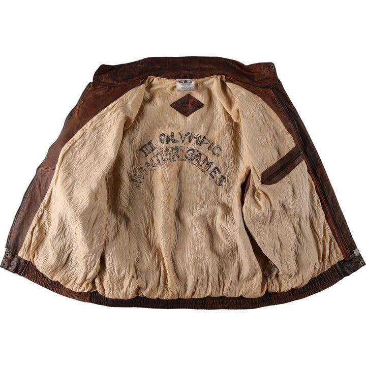 Vintage 80s-90'S Adidas Lake Placid Olympic 1932 Leather Blouson, Men's Size XL (approx.) genuine leather brown type Vintage Second Hand