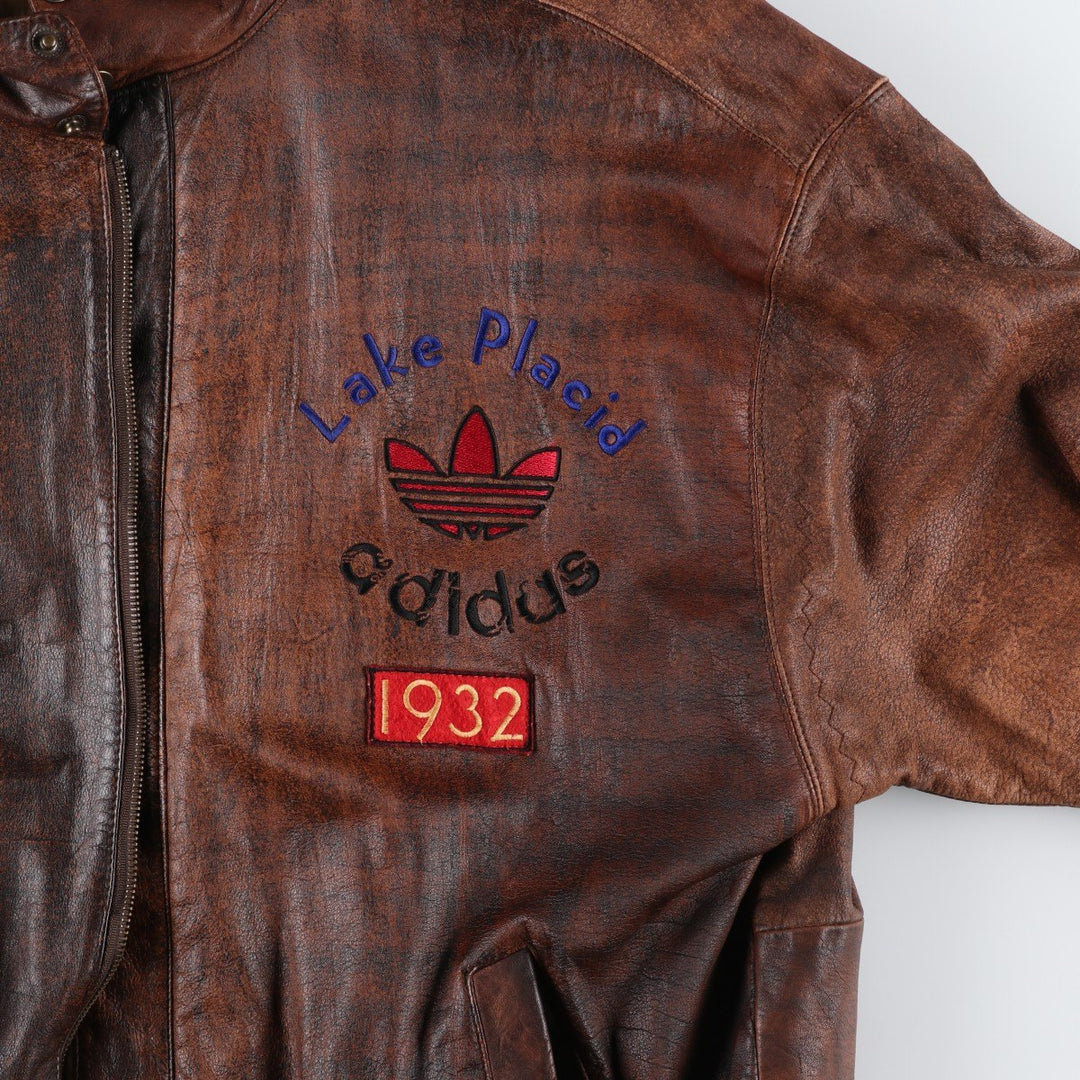 Vintage 80s-90'S Adidas Lake Placid Olympic 1932 Leather Blouson, Men's Size XL (approx.) genuine leather brown type Vintage Second Hand
