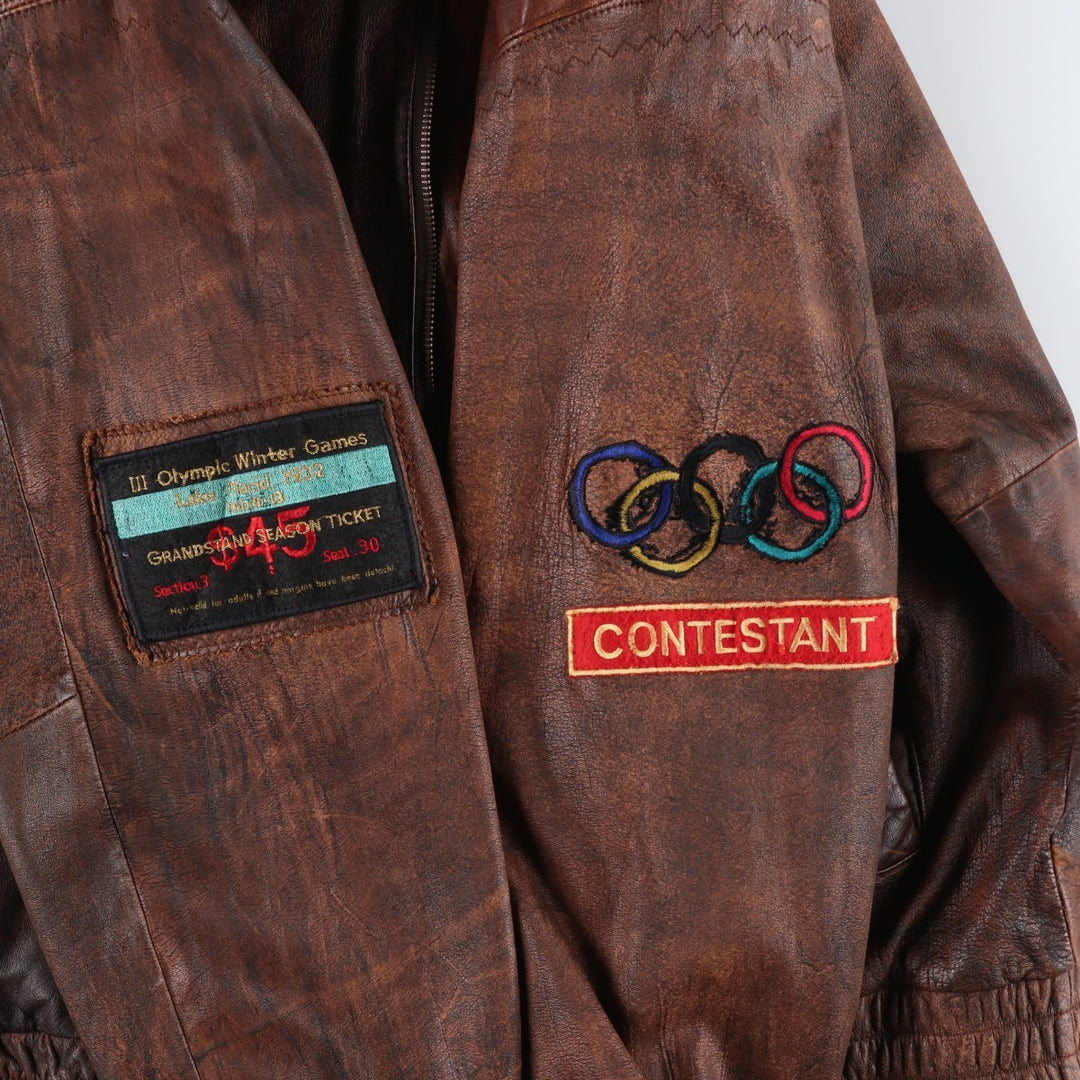 Vintage 80s-90'S Adidas Lake Placid Olympic 1932 Leather Blouson, Men's Size XL (approx.) genuine leather brown type Vintage Second Hand