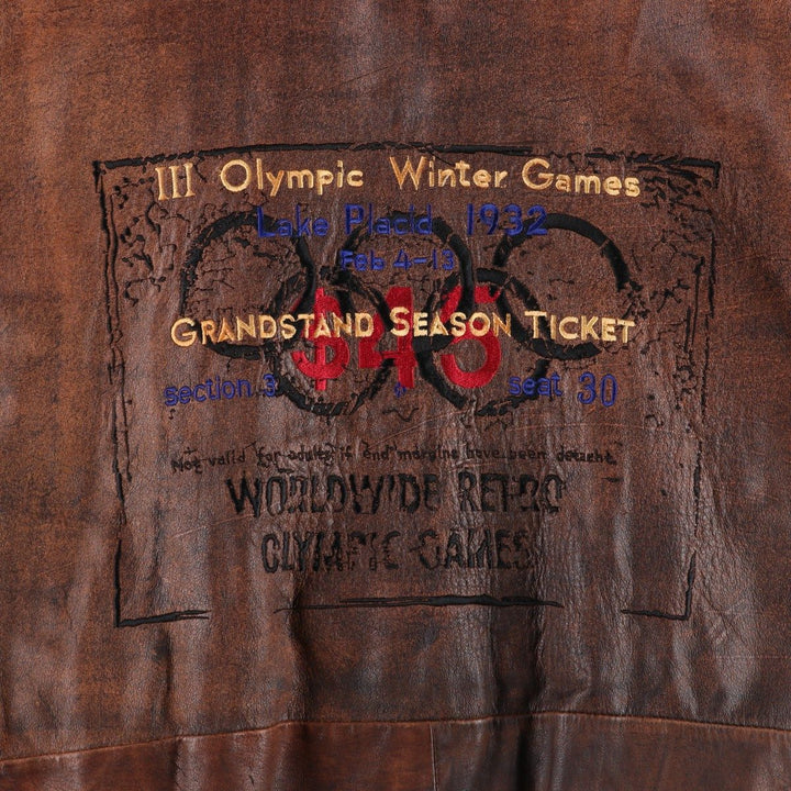 Vintage 80s-90'S Adidas Lake Placid Olympic 1932 Leather Blouson, Men's Size XL (approx.) genuine leather brown type Vintage Second Hand