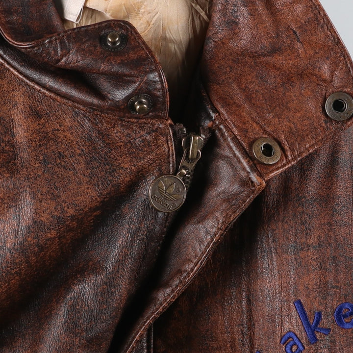 Vintage 80s-90'S Adidas Lake Placid Olympic 1932 Leather Blouson, Men's Size XL (approx.) genuine leather brown type Vintage Second Hand