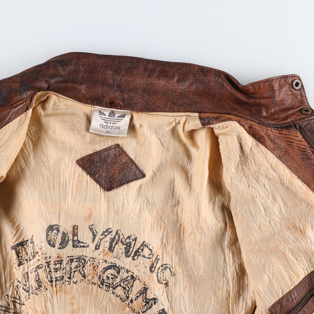 Vintage 80s-90'S Adidas Lake Placid Olympic 1932 Leather Blouson, Men's Size XL (approx.) genuine leather brown type Vintage Second Hand