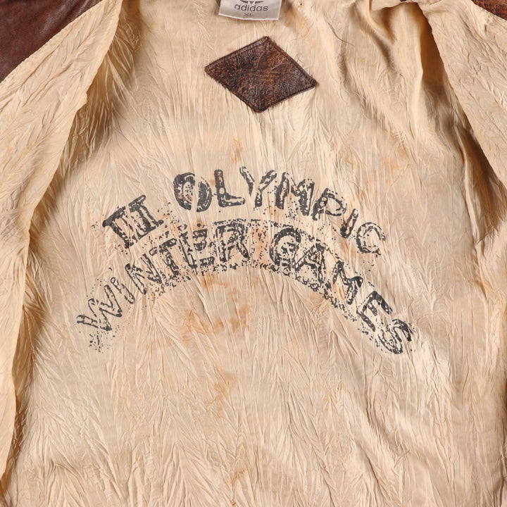 Vintage 80s-90'S Adidas Lake Placid Olympic 1932 Leather Blouson, Men's Size XL (approx.) genuine leather brown type Vintage Second Hand