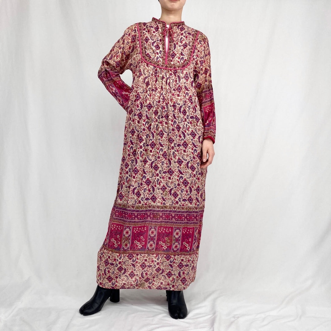 Gold stamp maxi length long sleeve tight Indian cotton dress women's M vintage /eva001359