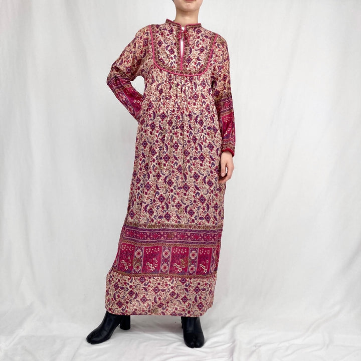 Gold stamp maxi length long sleeve tight Indian cotton dress women's M vintage /eva001359