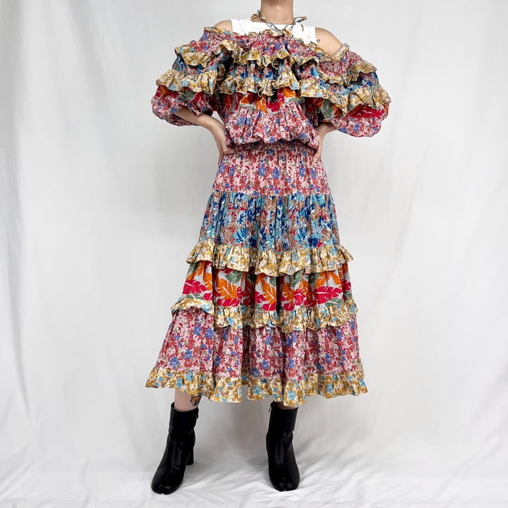 80'S Diane Freis floral frill cotton off-the-shoulder long-sleeve flared dress for women, XL /eva001368