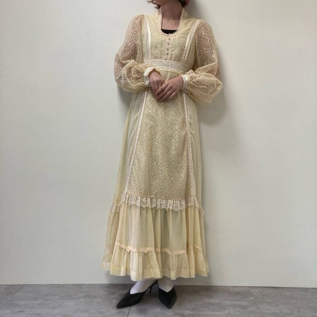 70'S GUNNE SAX Maxi-length long-sleeve flared dress, made in USA, women's L, vintage /eva001374