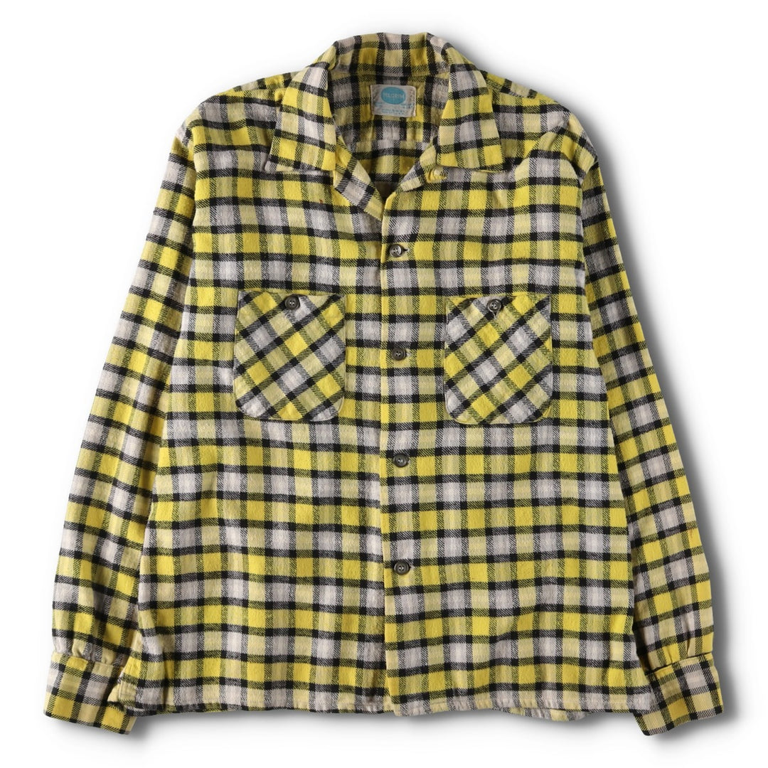 1950s-60'S Sears Pilgrim Check Pattern Open Collar Long Sleeve Heavy Flannel Check Shirt Box Shirt Men's Size L (approx.) unclear yellow type Vintage Second Hand