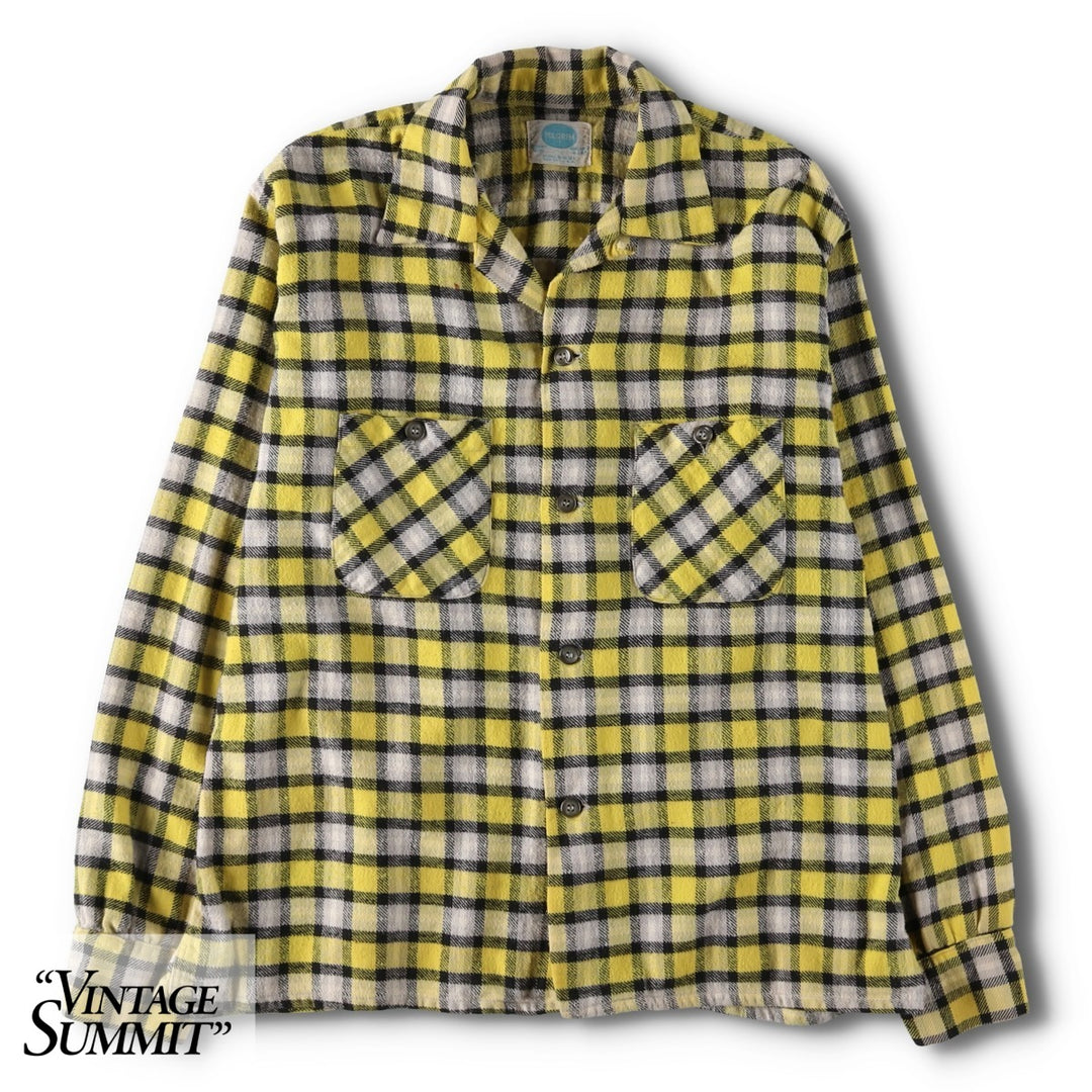 1950s-60'S Sears Pilgrim Check Pattern Open Collar Long Sleeve Heavy Flannel Check Shirt Box Shirt Men's Size L (approx.) unclear yellow type Vintage Second Hand