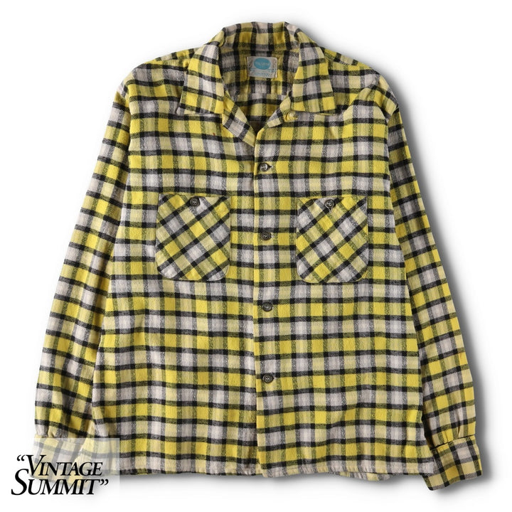 1950s-60'S Sears Pilgrim Check Pattern Open Collar Long Sleeve Heavy Flannel Check Shirt Box Shirt Men's Size L (approx.) unclear yellow type Vintage Second Hand