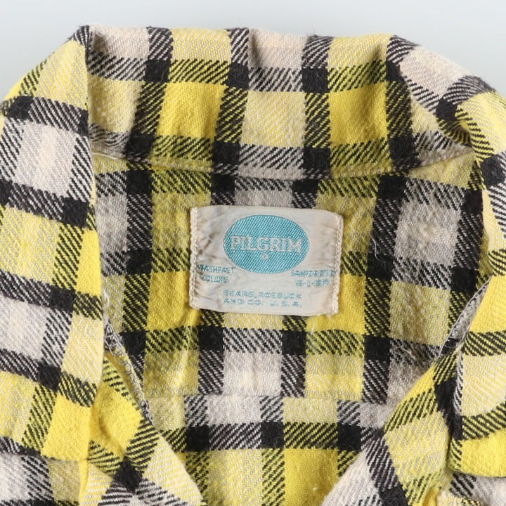 1950s-60'S Sears Pilgrim Check Pattern Open Collar Long Sleeve Heavy Flannel Check Shirt Box Shirt Men's Size L (approx.) unclear yellow type Vintage Second Hand