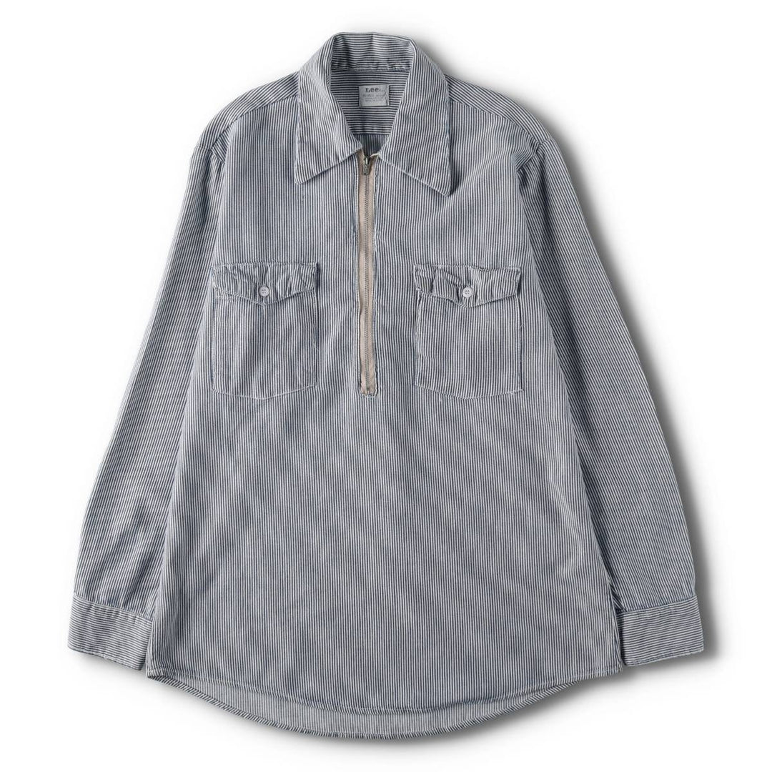 1950s-1960'S Lee Stripe Pattern Half-Zip Pullover Long-Sleeve Work Shirt, Made in USA, Men's Size M (Equivalent), Vintage cotton navy blue type Vintage Second Hand