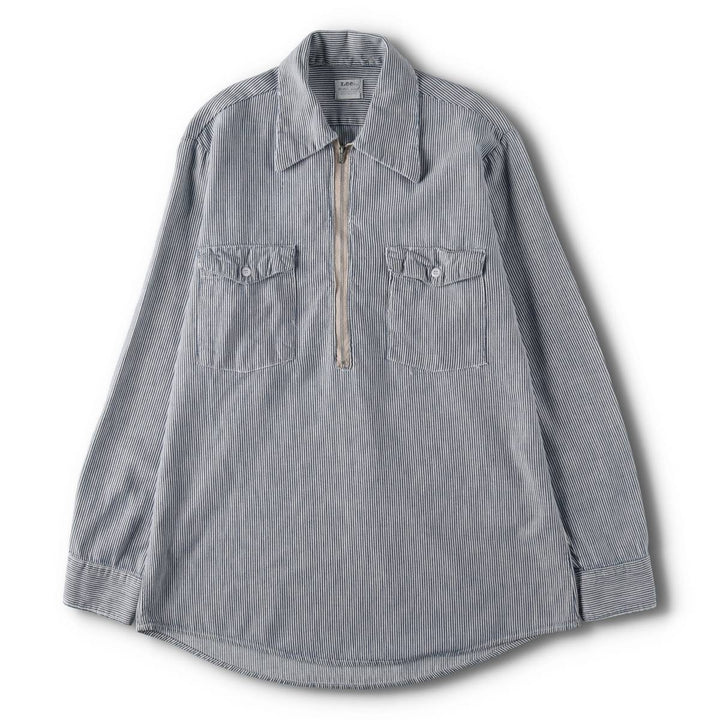 1950s-1960'S Lee Stripe Pattern Half-Zip Pullover Long-Sleeve Work Shirt, Made in USA, Men's Size M (Equivalent), Vintage cotton navy blue type Vintage Second Hand