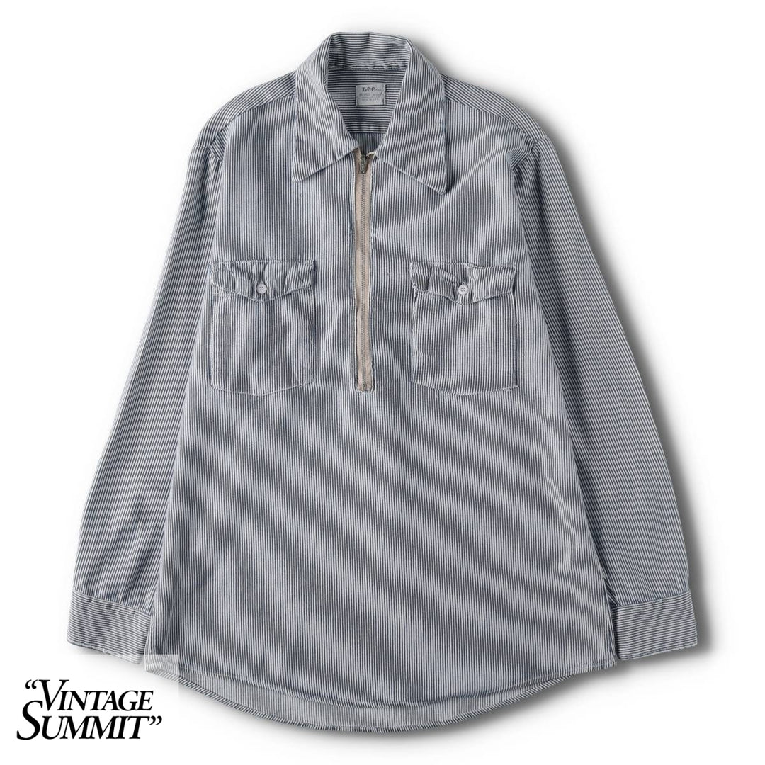 1950s-1960'S Lee Stripe Pattern Half-Zip Pullover Long-Sleeve Work Shirt, Made in USA, Men's Size M (Equivalent), Vintage cotton navy blue type Vintage Second Hand