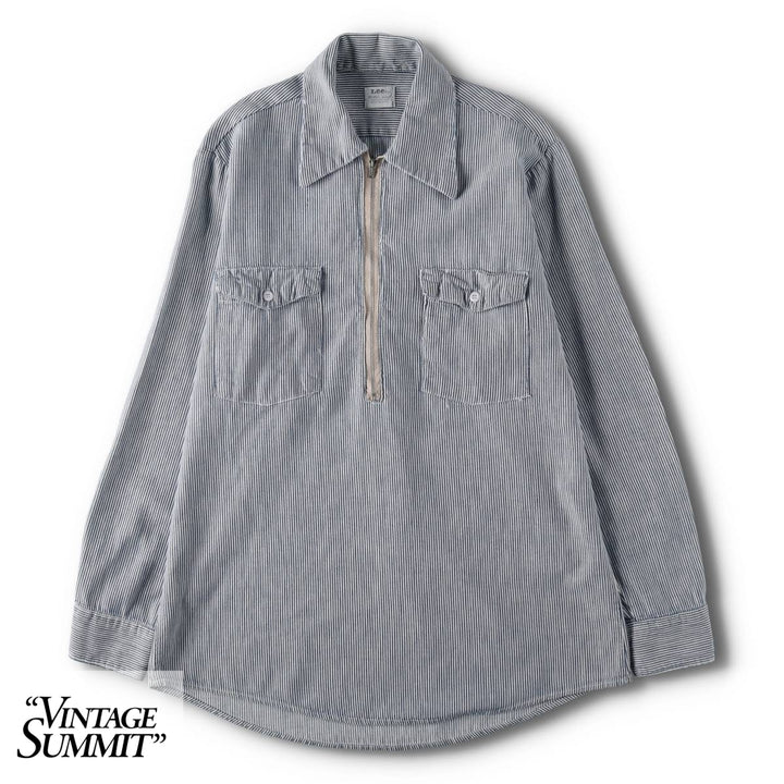 1950s-1960'S Lee Stripe Pattern Half-Zip Pullover Long-Sleeve Work Shirt, Made in USA, Men's Size M (Equivalent), Vintage cotton navy blue type Vintage Second Hand
