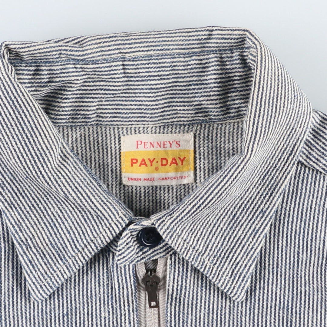 1950'S Penney's PAY DAY Stripe Pattern Half-Zip Pullover Long-Sleeve Work Shirt (Men's Size M) unclear navy blue type Vintage Second Hand