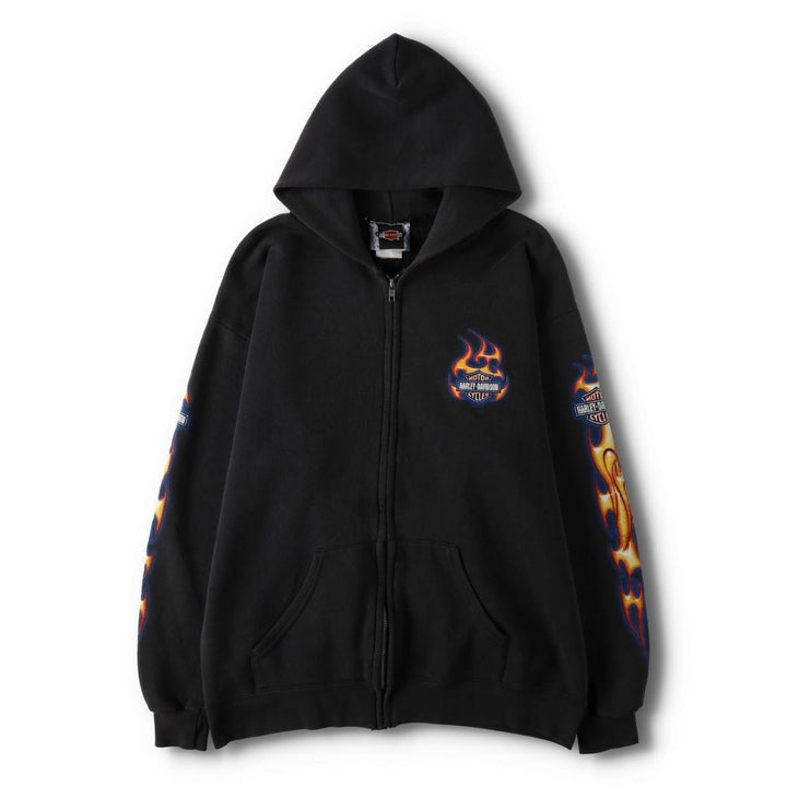 2000'S Lee Harley-Davidson Fire Pattern Full-Zip Sweatshirt Hoodie (Men's Size L) cotton black type Vintage Second Hand