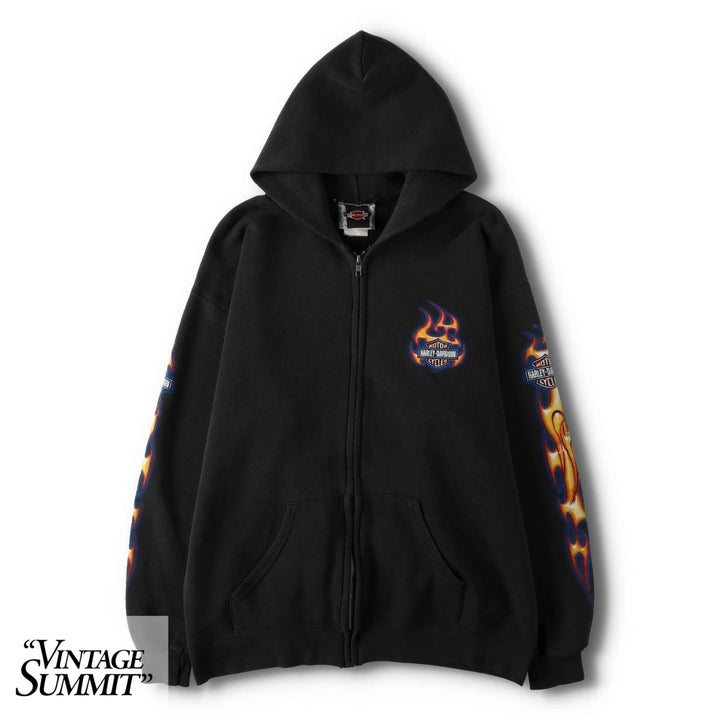 2000'S Lee Harley-Davidson Fire Pattern Full-Zip Sweatshirt Hoodie (Men's Size L) cotton black type Vintage Second Hand